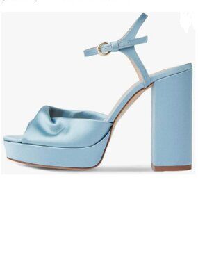 FOWT Sky Blue Satin Peep Toe Platform Chunky High Heel Ankle Strap Sandals